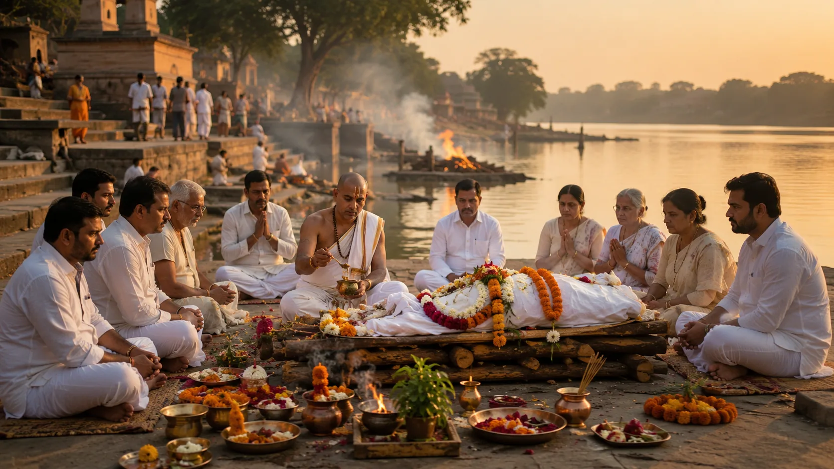 Priest performing the last rites for a family by the riverside