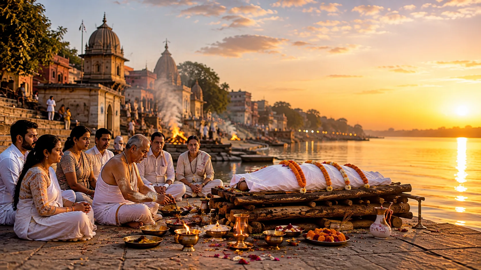 Final rites performed at sunrise on a riverside ghat